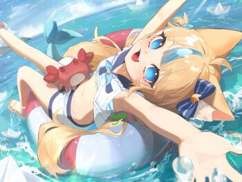 1girl :d arms_up blonde_hair blue_eyes blue_sky blue_streaks blush crab day dutch_angle fang feet flat_chest hands_up highres horizon hyuu_(lblank27) indie_virtual_youtuber innertube looking_at_viewer multicolored_hair navel ocean on_innertube open_mouth outdoors paper_boat sameko_saba single_hair_streak sky smile stomach streaked_hair swim_ring virtual_youtuber water