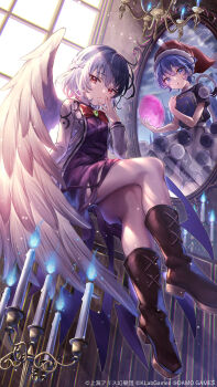 2girls blob blue_eyes blue_hair book boots braid brown_footwear crossed_legs doremy_sweet dream_soul dress feathered_wings from_below hair_between_eyes hat highres holding holding_book jacket kishin_sagume knee_boots knees legs long_sleeves mirror misekiss multiple_girls nightcap nightgown official_art open_clothes open_jacket parted_lips pom_pom_(clothes) purple_dress red_eyes red_headwear short_hair single_wing tail tapir_tail thighs touhou touhou_arcadia_record white_hair white_jacket white_wings wings