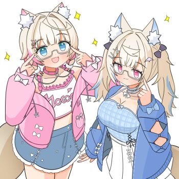 2girls :3 animal_ear_fluff animal_ears blonde_hair blue_camisole blue_eyes blue_hair blue_streaks braid breasts camisole cleavage closed_mouth collar denim denim_skirt dog_ears dog_girl dog_tail frilled_camisole frilled_straps frills fuwawa_abyssgard fuwawa_abyssgard_(casual) glasses hair_ribbon hands_up hololive hololive_english homapatti jacket large_breasts looking_at_viewer low_twin_braids mococo_abyssgard mococo_abyssgard_(casual) multicolored_hair multiple_girls open_mouth pink_collar pink_eyes pink_hair pink_jacket pink_streaks plaid_camisole pleated_skirt ribbon semi-rimless_eyewear siblings sisters skirt smile sparkle streaked_hair tail twin_braids twins twintails two-tone_hair under-rim_eyewear virtual_youtuber white-framed_eyewear white_camisole y2k_fashion