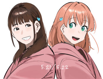 2girls :d absurdres animification birthday_connection bloom_garden_party_jacket blunt_bangs brown_hair commentary crossed_bangs dated dated_commentary grin hair_ornament highres hinoshita_kaho hood hooded_jacket jacket long_hair love_live! love_live!_hasu_no_sora_jogakuin_school_idol_club medium_hair multiple_girls nirei_nozomi okpriko open_mouth orange_hair pink_jacket rabbit_hair_ornament real_life sidelocks simple_background smile teeth two_side_up upper_teeth_only virtual_youtuber voice_actor voice_actor_connection white_background