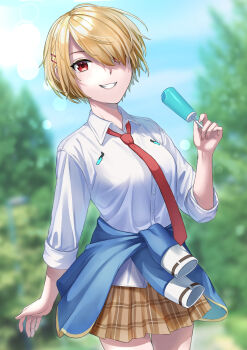 1girl :d absurdres adapted_costume arm_behind_back blonde_hair blurry blurry_background blush brown_skirt clothes_around_waist collared_shirt commentary_request cowboy_shot day dress_shirt food grin hair_ornament hair_over_one_eye hairclip hand_up heaven_burns_red highres holding holding_food holding_popsicle jacket jacket_around_waist kayamori_ruka long_bangs long_sleeves looking_at_viewer miniskirt necktie nil_(pixiv_53614557) open_mouth outdoors parallel_hairclips plaid_clothes plaid_skirt pleated_skirt popsicle red_eyes red_necktie shirt short_hair skirt smile solo white_shirt