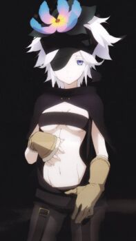 1girl breasts cape expressionless eyepatch flamie_speeddraw highres navel official_art pants rokka_no_yuusha source_request tagme toned underboob