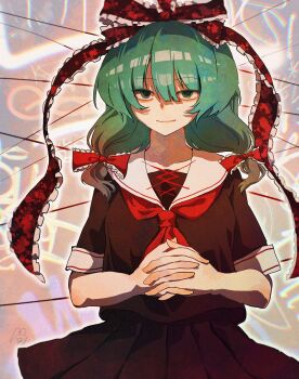 1girl absurdres black_shirt black_skirt bow frilled_bow frills green_eyes green_hair hair_bow hair_ribbon highres interlocked_fingers kagiyama_hina long_hair looking_at_viewer neckerchief own_hands_together pleated_skirt red_bow red_neckerchief red_ribbon ribbon sailor_collar school_uniform serafuku shirt signature skirt solo touhou twintails white_sailor_collar yukine_0930