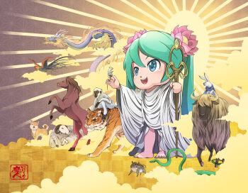 1girl animal animal_on_finger anniversary aqua_eyes aqua_hair aqua_nails asa_no_ha_(pattern) barefoot bird boar bull chicken chinese_zodiac cloud commentary dog dragon earrings flower flying hair_flower hair_ornament hatsune_miku highres holding holding_staff hoop_earrings horns horse jewelry lolita_majin lotus mikudayo monkey mouse_(animal) nail_polish open_mouth outstretched_arm pink_flower rabbit rabbit_yukine robe rooster seal_impression shakujou sheep sheep_horns smile snake staff sunburst teeth textless_version tiger toenail_polish toenails translated tusks twintails upper_teeth_only variant_set vocaloid white_robe