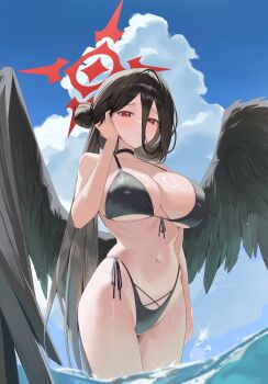 1girl absurdres bikini black_bikini black_choker black_hair blue_archive blush breasts choker cleavage cloud cloudy_sky cowboy_shot feathered_wings front-tie_bikini_top front-tie_top hair_between_eyes hair_bun halo hashtag-only_commentary hasumi_(blue_archive) hasumi_(swimsuit)_(blue_archive) highleg highleg_bikini highres large_breasts long_hair looking_at_viewer navel ocean ponytail potao red_eyes red_halo side-tie_bikini_bottom single_side_bun sky solo standing swimsuit tucking_hair very_long_hair wading water wings