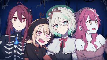 4girls ahoge blue_fire braid breasts brown_hair cecilia_immergreen cleavage elizabeth_rose_bloodflame fangs fire gigi_murin grey_hair halloween_costume highres hololive hololive_english jiangshi_costume light_brown_hair multiple_girls orinte pink_eyes pink_hair raora_panthera red_eyes red_hair scared side_braid skeleton_costume smol_erb smol_gigi twintails virtual_youtuber yellow_eyes