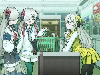3girls absurdres against_object bag barcode_scanner basket black_pantyhose blurry blurry_background blush cardigan character_charm charm_(object) commentary_request convenience_store counter cropped_jacket finger_counting flower from_side gomidasu_(kamitsubaki_studio) grey_eyes grey_hair grey_necktie hair_flower hair_ornament hair_over_one_eye highres holding holding_barcode_scanner holding_basket indoors isekaijoucho jacket kamitsubaki_studio long_hair long_sleeves looking_at_another multicolored_hair multiple_girls multiple_persona necktie open_mouth pantyhose profile red_flower see-through_clothes see-through_skirt shop shorts shorts_under_skirt shoulder_bag skirt smile streaked_hair t_masoppu vest virtual_youtuber white_cardigan white_jacket yellow_flower yellow_skirt yellow_vest