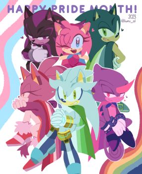 2023 2girls 4boys ;d alternate_color amy_rose animal_ears aroace_flag aromantic_flag asexual_flag bisexual_flag blaze_the_cat blush cape cat_ears cat_girl cat_tail chameleon_boy chameleon_tail closed_mouth commentary crossed_arms english_commentary espio_the_chameleon fang flag_as_cape frown fur-trimmed_shoes furry furry_female furry_male gloves green_eyes grey_fur grin half-closed_eyes hand_on_own_hip heart heart_in_eye high_heels highres horns kumo_zd lesbian_flag lgbt_pride multiple_boys multiple_girls one_eye_closed open_mouth outline pink_fur pride_month rainbow_flag shadow_the_hedgehog shoes silver_the_hedgehog single_horn sitting smile sonic_(series) sonic_the_hedgehog symbol_in_eye tail transgender_flag white_gloves white_outline