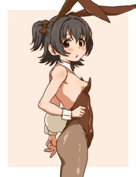 1girl :o akagi_miria animal_ears arm_behind_back bare_shoulders black_hair blush border bow breasts brown_bow brown_eyes brown_hairband brown_leotard brown_pantyhose collar cowboy_shot detached_collar fake_animal_ears fake_tail from_side hair_between_eyes hair_bow hairband highres idolmaster idolmaster_cinderella_girls leotard looking_at_viewer looking_to_the_side medium_hair nipple_slip nipples open_mouth outside_border pantyhose playboy_bunny rabbit_ears rabbit_tail simple_background small_breasts solo standing strapless strapless_leotard tail tamaya two_side_up white_collar white_tail white_wrist_cuffs wrist_cuffs