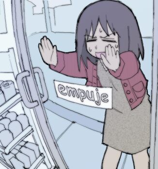 1girl azumanga_daiou black_hair brown_dress closed_eyes dress failure glass_door highres jacket kasuga_ayumu pantsu-ripper pushing red_jacket sign solo spanish_text translated you're_doing_it_wrong