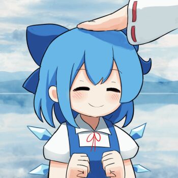 2girls animated animated_gif blue_bow blue_hair bow cirno closed_eyes closed_mouth ferdy&#039;s_lab hair_bow hakurei_reimu headpat ice ice_wings looping_animation multiple_girls outdoors short_hair short_sleeves smile solo_focus touhou upper_body wings