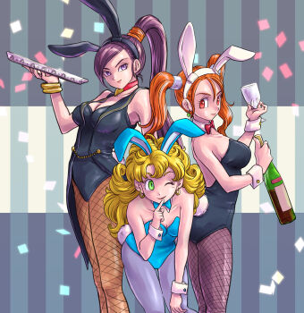 Rule 34 | 3girls, animal ear hairband, animal ears, ass, bad anatomy, bare shoulders, bent over, black hairband, black leotard, black pantyhose, blonde hair, blue bow, blue bowtie, blue hairband, blue leotard, blue pantyhose, bottle, bow, bowtie, bracelet, breasts, cleavage, collarbone, commentary request, confetti, cup, curly hair, detached collar, dragon quest, dragon quest iii, dragon quest viii, dragon quest xi, drinking glass, earrings, fake animal ears, fake tail, finger to mouth, fishnet pantyhose, fishnets, gadabout (dq3), gem, gold bracelet, gold earrings, green eyes, green gem, hair tubes, hairband, high ponytail, highres, holding, holding bottle, holding cup, holding tray, hoop earrings, in-franchise crossover, jessica albert, jewelry, large breasts, leotard, looking at viewer, looking back, looking to the side, martina (dq11), medium breasts, metal hair tubes, multiple girls, official alternate costume, one eye closed, orange hair, pantyhose, pekuchin (pekuchin 3), playboy bunny, ponytail, purple hair, rabbit ears, rabbit tail, red bow, red bowtie, red eyes, red lips, sideboob, smile, sphere earrings, striped background, tail, tailcoat playboy bunny, trait connection, tray, twintails, white hairband, wrist cuffs