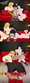 1boy 3girls 4koma absurdres age_difference ahoge animal_ears artist_name ass black_hair blake_belladonna blonde_hair blush breast_sucking breasts cat_ears cat_girl cleft_of_venus collarbone comic couch cum cum_in_mouth closed_eyes feet fellatio fingering freckles gloves gradient_hair green_eyes grey_eyes height_difference highres lactation large_breasts licking_lips long_hair lying masturbation medium_breasts multicolored_hair multiple_girls naughty_face navel nipples nude on_back one_eye_closed open_mouth oral oscar_pine penis prosthesis prosthetic_arm purple_eyes pussy red_hair rolling_eyes ruby_rose rwby short_hair sitting smile spellcaster_knight stomach tan thighs tongue tongue_out uncensored yang_xiao_long yellow_eyes