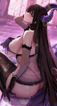 1girl absurdres azur_lane bare_shoulders black_gloves black_hair black_nightgown black_panties black_thighhighs blush bow bow_bra bra breast_ribbon breasts chest_bow elbow_gloves frilled_nightgown gloves highres horns large_breasts long_hair looking_at_viewer multicolored_hair nightgown official_alternate_costume panties purple_bow purple_hair purple_streaks queen_anne&#039;s_revenge_(azur_lane) queen_anne&#039;s_revenge_(call_of_the_creeping_embrace)_(azur_lane) see-through_clothes solo streaked_hair suo_bu_ye_feng thighhighs thong underwear wet_thighhighs