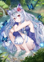 Rule 34 | ahoge, animal ear fluff, animal ears, animal hands, armpits, barefoot, blush, braid, brown dust 2, bug, butterfly, cat ears, cat girl, cat paws, dew drop, dress, eyebrows hidden by hair, flower, forest, grass, grey hair, hair between eyes, hair flower, hair ornament, in water, insect, lake, long hair, natsume koji, nature, purple dress, red eyes, rou (brown dust), signature, sitting, smile, sparkle, squatting, thigh strap, tiara, tree, very long hair, water drop