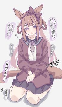 Rule 34 | 1girl, animal ears, blush, bow, bow hairband, braid, braided hair rings, brown hair, casual, commentary request, dress, ear bow, hair rings, hairband, highres, horse ears, horse girl, horse tail, long hair, long sleeves, looking at viewer, necktie, open mouth, purple eyes, red dress, red hairband, seiza, simple background, sitting, solo, sweep tosho (casual) (umamusume), sweep tosho (umamusume), tail, tofu thunder, twintails, umamusume