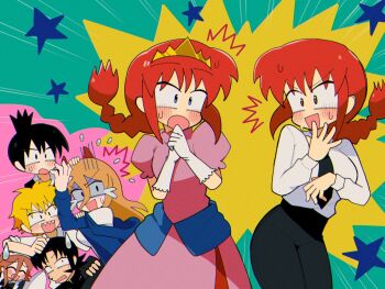 3boys 4girls angel_devil_(chainsaw_man) aqua_background black_hair black_necktie black_pants blonde_hair blue_eyes braid braided_ponytail brown_eyes brown_hair chainsaw_man commentary_request denji_(chainsaw_man) flying_sweatdrops gloves hair_between_eyes hayakawa_aki high-waist_pants horns katana_man_(chainsaw_man) kuwagata_zaurus long_hair_between_eyes long_sleeves look-alike maid_headdress makima_(chainsaw_man) multiple_boys multiple_girls necktie open_mouth pants pink_shirt power_(chainsaw_man) princess puffy_short_sleeves puffy_sleeves red_hair retro_artstyle sharp_teeth shirt short_sleeves sideburns star_(symbol) surprised sweatdrop teeth tiara white_gloves white_shirt