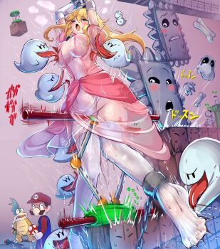 1girl 3boys bdsm blonde_hair blue_hair blush bondage boo_(mario) bound breasts brick_block brown_hair clothes_lift cooking_pot crown dress dress_lift dry_bones empty_block evil_grin evil_smile facial_hair grin hat highres larry_koopa licking long_hair looking_at_another mario mario_(series) monikano multiple_boys mustache nintendo overalls pantyhose pervert pink_dress princess_peach smile super_mario_world super_mushroom surprised sweat thighs thwomp tongue tongue_out trampoline_(mario) upskirt wand warp_pipe wet