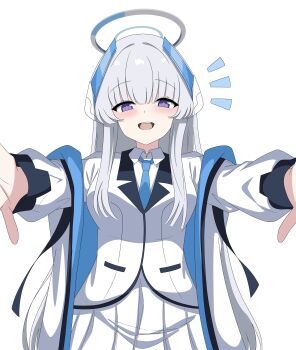 absurdres blue_archive blue_necktie breasts choon_sik2 commentary_request halo headgear highres jacket korean_commentary large_breasts long_hair looking_at_viewer mechanical_halo necktie noa_(blue_archive) notice_lines open_clothes open_jacket open_mouth outstretched_arms pleated_skirt purple_eyes shirt skirt smile very_long_hair white_hair white_halo white_jacket white_shirt white_skirt