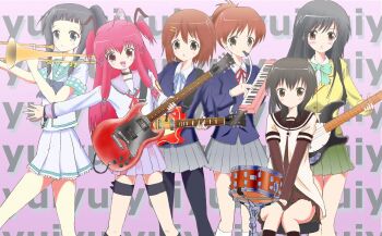 Rule 34 | 6+girls, ahoge, angel beats!, bass guitar, black eyes, black hair, blazer, brown eyes, brown hair, commentary request, crossover, dress, drum, drum set, drumsticks, electric guitar, funami yui, guitar, hair ornament, hairclip, happy bob, hirasawa ui, hirasawa yui, instrument, jacket, k-on!, keyboard (instrument), kotegawa yui, kounagi yui, long hair, long sleeves, multiple crossover, multiple girls, name connection, nanamori school uniform, open mouth, pantyhose, pink hair, ponytail, red hair, ribbon, sailor dress, sakuragaoka high school uniform, school uniform, serafuku, short hair, sitting, skirt, thigh strap, to love-ru, trait connection, two side up, winter uniform, yui (angel beats!), yumekui merry, yuruyuri