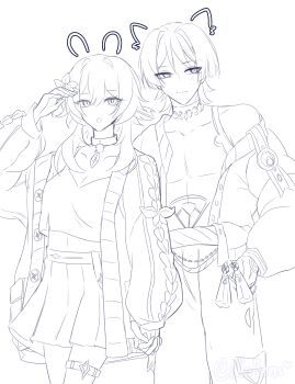 1boy 1girl absurdres alternate_costume arm_at_side belt blunt_ends bodysuit breasts cable_knit camisole cardigan casual cleavage closed_mouth collarbone contemporary couple covered_collarbone cropped_shirt drawn_ears eyelashes feather_hair_ornament feathers fingernails flower genshin_impact greyscale hair_flower hair_ornament hairclip hand_up height_difference hetero highres holding_hands interlocked_fingers jacket long_sleeves looking_at_viewer looking_to_the_side lumine_(genshin_impact) monochrome navel nicbuns open_cardigan open_clothes open_jacket open_mouth pants pleated_skirt puffy_sleeves rope scaramouche_(genshin_impact) short_hair short_hair_with_long_locks sidelocks single_off_shoulder skirt small_breasts tassel thigh_strap tsurime turtleneck turtleneck_bodysuit twitter_username wanderer_(genshin_impact) white_background wispy_bangs