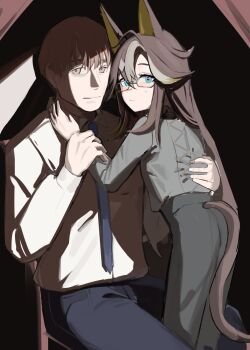 1boy 1girl animal_ears black_hair black_pants blue_necktie brown_eyes brown_hair collared_shirt colored_inner_animal_ears dream_journey_(umamusume) green_hair grey_shirt hair_between_eyes hand_on_another&#039;s_arm hand_on_another&#039;s_back highres horse_ears horse_girl horse_tail long_hair looking_at_viewer multiple_girls necktie pants shirt shirt_tucked_in short_hair solokitsune tail trainer_(umamusume) umamusume very_long_hair white_shirt