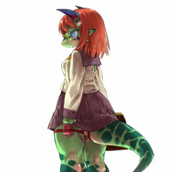 1girl animal_ears arms_at_sides backlighting blue_eyes blue_horns blush briefcase closed_mouth clothes_lift colored_skin controller female_focus from_behind furry furry_female glasses green_skin hair_ornament hairclip holding horns kneepits lizard_tail long_sleeves medium_hair miniskirt mizuki_kotora multicolored_skin orange_hair original pince-nez pleated_skirt purple_sailor_collar purple_skirt pussy_juice remote_control remote_control_vibrator reptile_girl sailor_collar school_briefcase sex_toy shirt sidelocks simple_background skirt skirt_hold skirt_lift snout solo standing tail thigh_strap third-party_source two-tone_skin vibrator vibrator_cord vibrator_under_clothes white_background white_shirt