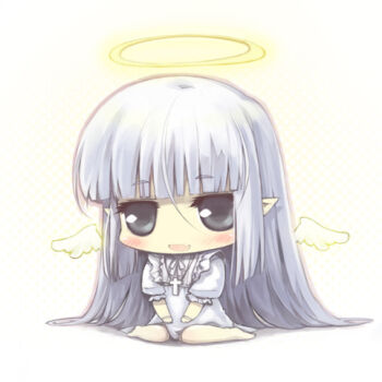 Rule 34 | 1girl, angel, barefoot, blunt bangs, blush, chibi, chibi only, commentary request, cross, cross necklace, detached wings, dress, fang, feathered wings, frilled dress, frills, full body, grey dress, grey eyes, halo, jewelry, long hair, looking at viewer, lowres, misaki (kyal 001), necklace, open mouth, original, pointy ears, simple background, sitting, skin fang, smile, solo, traditional halo, very long hair, wariza, white background, white dress, white hair, white wings, wings, yellow halo