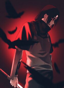 Rule 34 | 1boy, bird, blood, blood on face, closed mouth, commentary, crow, falling feathers, feathers, forehead protector, from side, hair tie, highres, holding, holding weapon, konohagakure anbu uniform, konohagakure symbol, long hair, low ponytail, male focus, naruto (series), naruto shippuuden, ponytail, solo, soraneko0330, standing, symbol-only commentary, uchiha itachi, weapon