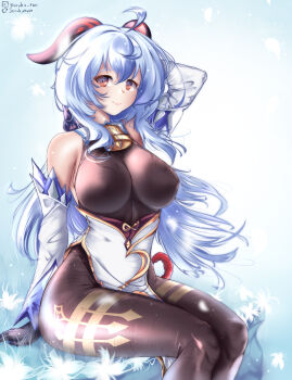 1girl absurdres agkm7288 ahoge artist_name bare_shoulders bell black_pantyhose blue_hair bow breasts covered_erect_nipples detached_sleeves ganyu_(genshin_impact) genshin_impact gold_trim highres horns jewelry large_breasts long_hair looking_at_viewer low_ponytail neck_bell pantyhose ponytail purple_eyes red_rope rope sidelocks sitting smile solo thighlet thighs white_sleeves