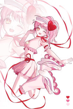 Rule 34 | 1girl, amulet heart, choker, commentary request, frilled armlet, full body, heart, highres, hinamori amu, humpty lock (shugo chara!), jumping, korean commentary, lan lan, leg warmers, looking at viewer, magical girl, one eye closed, open mouth, pink hair, pink skirt, ponytail, ribbon choker, roller skates, shugo chara!, side ponytail, simple background, skates, skirt, solo, visor cap, white background