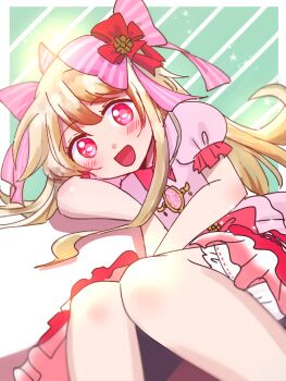 Rule 34 | 1girl, artist request, artistic error, bad id, bad pixiv id, blonde hair, bloomers, chaos marie (grimms notes), grimms notes, hair ribbon, highres, long hair, looking at viewer, open mouth, pink eyes, pink ribbon, pink shirt, ribbon, shirt, smile, solo, underwear, white bloomers