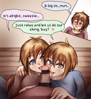 1boy 2girls age_difference bar_censor blue_eyes blush brother_and_sister brown_hair censored clothed_sex cooperative_fellatio english_text ethan(33327245) ethanppj fellatio freckles green_eyes heart hetero incest licking licking_penis mother_and_daughter mother_and_son multiple_girls onee-shota oral original oyakodon_(sex) penis shota siblings spoken_heart teamwork_(sexual)