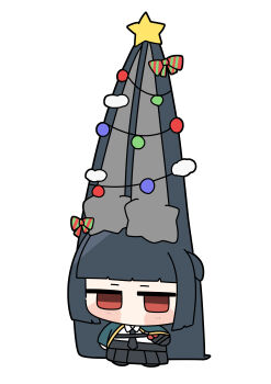 1girl absurdres animal_ear_fluff animal_ears aqua_jacket arm_out_of_sleeve black_hair black_necktie black_skirt blunt_bangs blush chibi chibi_only christmas_lights christmas_star comically_large_ears commentary_request fox_ears fox_girl full_body gauntlets high-waist_skirt highres hoshimi_miyabi jacket long_hair necktie no_mouth red_eyes shinonome_nashi simple_background single_gauntlet skirt solo white_background zenless_zone_zero