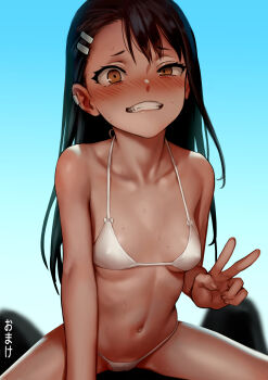 Rule 34 | 1girl, as109, bikini, black hair, blush, breasts, brown eyes, collarbone, fang, girl on top, hair ornament, hairclip, highres, ijiranaide nagatoro-san, lips, long hair, looking at viewer, nagatoro hayase, navel, revision, small breasts, solo focus, sweat, swimsuit, tan, teeth, v, white bikini