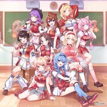 Rule 34 | 6+girls, :d, ;q, aki rosenthal, antenna hair, arm behind back, beret, black choker, black hair, black hat, blonde hair, blue hair, blue hairband, blue socks, bow, braid, brown hair, brown shoes, chair, choker, classroom, claw pose, closed mouth, collared shirt, commentary request, copyright notice, cropped jacket, cropped shirt, cropped sweater, denim, denim skirt, desk, fake horns, frilled sleeves, frills, full body, gloves, grey skirt, hair bow, hair rings, hairband, hakui koyori, hat, hololive, horned headwear, horns, hoshimachi suisei, indoors, jacket, kazama iroha, kneehighs, leg warmers, legwear garter, loafers, long hair, looking at viewer, low twin braids, medium hair, miniskirt, momosuzu nene, multiple girls, natsuiro matsuri, official alternate costume, official alternate hairstyle, official art, one eye closed, one side up, oozora subaru, open mouth, pink hair, pink hairband, pink socks, pink sweater, pisuke wan, plaid bow, plaid clothes, plaid hat, plaid jacket, plaid shirt, plaid vest, pleated skirt, puffy short sleeves, puffy sleeves, purple hair, raglan sleeves, red bow, red hairband, red hat, red jacket, red shirt, red shrug, red vest, school chair, school desk, shirt, shoes, short hair, short sleeves, shrug (clothing), single hair ring, sitting, skirt, smile, socks, standing, sweater, sweater vest, tokino sora, tokoyami towa, tongue, tongue out, twin braids, twintails, vest, white gloves, white leg warmers, white shirt, white shrug, white skirt, wooden floor, yokozuwari