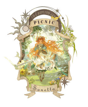 1girl absurdres apron bird bow bowtie brown_shoes character_name checkered_hairband commentary_request commission dress flower green_eyes hair_bow hairband highres juliet_sleeves leaf long_hair long_sleeves looking_at_viewer outdoors parted_lips pigeon puffy_sleeves qian_beibeibeibeibei reverse:1999 shoes solo sonetto_(reverse:1999) very_long_hair watermark