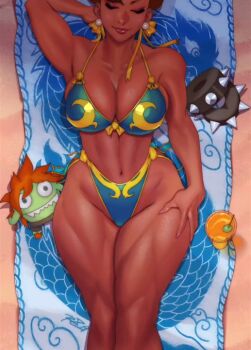 1girl adapted_costume arm_behind_head armpits bare_legs beach_towel biceps bikini blanka-chan blue_bikini bracelet breasts brown_lips capcom character_doll chun-li cleavage collarbone dark-skinned_female dark_skin doll earrings eyes_out_of_frame feet_out_of_frame fingernails hair_ribbon hand_on_own_thigh head_out_of_frame highleg highleg_bikini jewelry large_breasts legs_together linea_alba lying nail_polish navel on_back pink_nails print_bikini ribbon robaato short_hair smile solo spaghetti_strap spiked_bracelet spikes street_fighter street_fighter_v swimsuit tan thick_thighs thighs toned toned_female towel unworn_bracelet yellow_ribbon