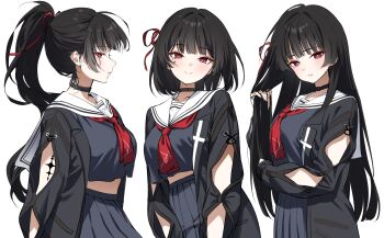 1girl absurdres alternate_hairstyle arm_cutout ayoni_623 black_choker black_hair black_jacket black_serafuku black_shirt black_skirt blush breasts chisa_(wuthering_waves) choker closed_mouth clothing_cutout commentary hair_ribbon hashtag-only_commentary highres jacket long_hair long_sleeves looking_at_viewer medium_breasts medium_hair mole mole_under_eye multiple_views neckerchief parted_lips ponytail red_eyes red_neckerchief red_ribbon ribbon sailor_collar school_uniform serafuku shirt sideways_glance skirt smile tacet_mark_(wuthering_waves) white_sailor_collar wuthering_waves