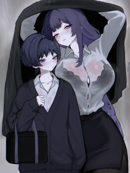 1boy 1girl ange510763 arm_at_side arms_up artist_name black_bag black_bra black_cardigan black_pantyhose black_skirt black_sleeves blunt_bangs blunt_ends blush bra breast_press breasts cardigan closed_mouth collared_shirt elbow_carry eyelashes genshin_impact hair_intakes head_tilt height_difference hetero highres improvised_umbrella incest jacket_over_head large_breasts lingerie long_hair long_sleeves looking_at_another looking_at_breasts looking_at_viewer mole mole_under_eye mother_and_son office_lady overcast pale_skin pantyhose parted_lips pencil_skirt pink_lips purple_eyes purple_hair raiden_shogun rain scaramouche_(genshin_impact) school_uniform see-through_clothes see-through_shirt shirt side_slit single_sidelock skirt sky sleeves_past_fingers sleeves_past_wrists swept_bangs tsurime underwear wet wet_clothes white_mouth white_shirt wispy_bangs