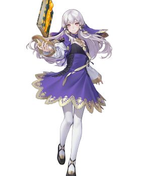 1girl book breasts brooch cleavage dress fire_emblem fire_emblem_heroes flat_chest floating floating_book floating_object gold_trim high_heels highres jewelry lace lace-trimmed_dress lace_trim long_hair looking_at_viewer lysithea_von_ordelia lysithea_von_ordelia_(timeskip) nintendo non-web_source official_alternate_costume official_art pantyhose pumps purple_dress red_eyes smile solo tachi-e veil white_hair