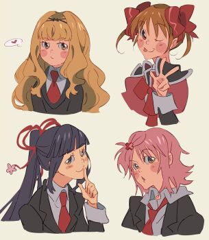 Rule 34 | black hair, black jacket, blonde hair, blunt bangs, blush stickers, brown hair, capelet, collared shirt, commentary, cropped torso, english commentary, fujisaki nagihiko, hair tie, hinamori amu, jacket, kiraraboshi, looking at viewer, mashiro rima, necktie, one eye closed, pink hair, ponytail, red capelet, red necktie, school uniform, shirt, shugo chara!, simple background, tongue, tongue out, twintails, v, yuiki yaya