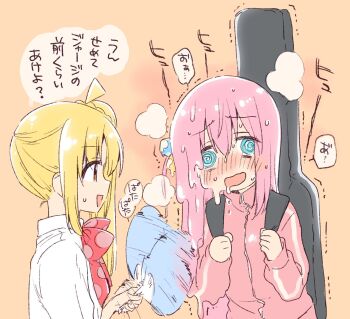 2girls :d @_@ afterimage ahoge blonde_hair blue_eyes blush bocchi_the_rock! bow bowtie commentary_request cube_hair_ornament fanning furrowed_brow gotoh_hitori guitar_case hair_between_eyes hair_ornament hands_up highres hot ijichi_nijika instrument_case jacket kuroi_mimei long_hair long_sleeves looking_at_another looking_at_viewer melting multiple_girls nose_blush one_side_up open_mouth orange_background pink_hair pink_jacket polka_dot polka_dot_bow polka_dot_bowtie red_bow red_bowtie red_eyes shirt simple_background smile sound_effects speech_bubble sweat track_jacket translation_request upper_body very_long_hair white_shirt