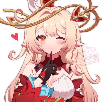 1girl ;) alice_(genshin_impact) black_gloves blonde_hair blush breasts cleavage cowlick detached_sleeves elf genshin_impact gloves hair_between_eyes highres index_finger_raised long_hair looking_at_viewer one_eye_closed pointy_ears red_sleeves side_ahoge smile solo white_ztt