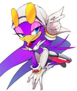 1girl ass bandana bird_girl blue_eyes breasts closed_mouth eyewear_on_head furry furry_female gloves half-closed_eyes kneeling midriff navel pants pointing print_pants simple_background smile solo sonic_(series) sonic_riders_(series) strapless sunglasses theadamay1 tube_top wave_the_swallow white_background white_bandana white_pants white_tube_top