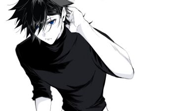 Rule 34 | 1boy, :/, arm behind head, arm up, blue eyes, closed mouth, commentary, cowboy shot, hair over one eye, highres, kimetsu no yaiba, looking at viewer, male focus, parted bangs, shirt, simple background, sleeves rolled up, solo, spot color, su910noko, symbol-only commentary, tomioka giyuu, turtleneck, white background