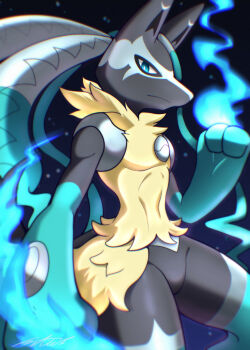 1boy animal_ears animal_hands arm_at_side artist_name aura black_fur blue_background blue_eyes blue_fur body_fur bright_pupils chromatic_aberration clenched_hand closed_mouth furry furry_male gen_4_pokemon gradient_background grey_fur groin hand_up highres looking_at_viewer lucario male_focus mega_lucario_z multicolored_fur navel netiel nintendo pectorals pokemon pokemon_(creature) signature snout solo standing stomach toned toned_male white_pupils wolf_boy wolf_ears yellow_fur