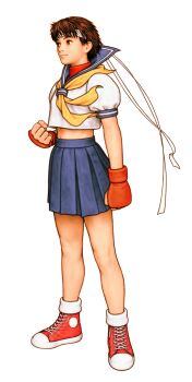 Rule 34 | 1girl, absurdres, blue sailor collar, blue skirt, capcom vs. snk, clenched hand, crop top, fingerless gloves, from side, game cg, gloves, hand up, headband, highres, kasugano sakura, midriff, mma gloves, mori toshiaki, non-web source, official art, sailor collar, school uniform, serafuku, skirt, smile, solo, street fighter