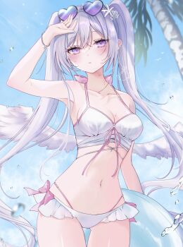 1girl absurdres arm_up armpits bare_shoulders beach bikini blue_sky blush bow bow_bikini bracelet breasts chain chain_bracelet cleavage coconut_tree collarbone commentary day eyewear_on_head floating_hair frilled_bikini frills front-tie_bikini_top front-tie_top gradient-tinted_eyewear gradient_eyes hair_between_eyes hair_ornament halterneck head_tilt heart heart-shaped_eyewear highres holding holding_swim_ring innertube jewelry klee-on looking_at_viewer medium_breasts multi-strapped_bikini_bottom multicolored_eyes navel original outdoors palm_tree parted_lips pink_bow pink_trim purple_eyes sky solo standing star_(symbol) stomach sunlight swim_ring swimsuit thighs tinted_eyewear tree twintails water water_drop wet white_bikini white_hair white_wings wings