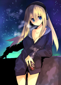 1girl blonde_hair blue_eyes breasts can cleavage closed_mouth commentary_request cowboy_shot hair_between_eyes headphones holding holding_can hood hood_down hooded_jacket jacket large_breasts long_hair long_sidelocks long_sleeves looking_at_viewer midori_no_ruupe night night_sky original outdoors sidelocks sky solo standing star_(sky) thighs